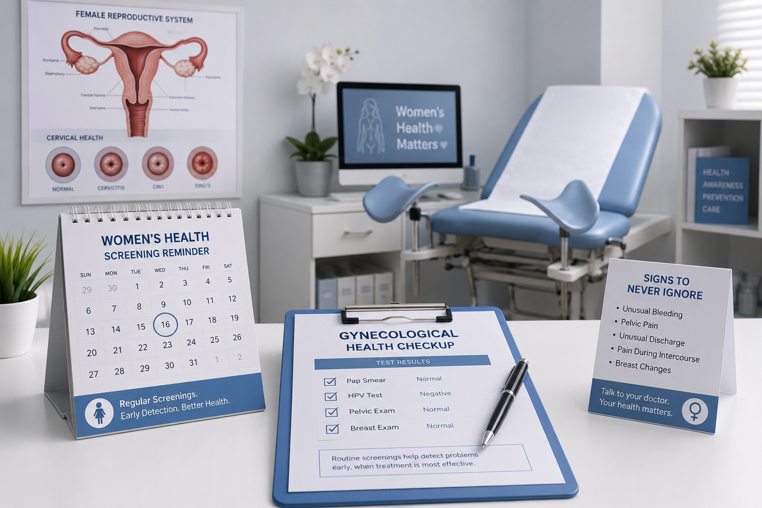 Cervical cancer awareness scene with medical checkup setup and calendar highlighting routine screening.